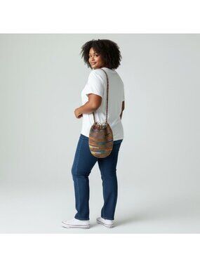 Colorful Handwoven Drawstring Bucket Bag With Braided Strap Boho Style